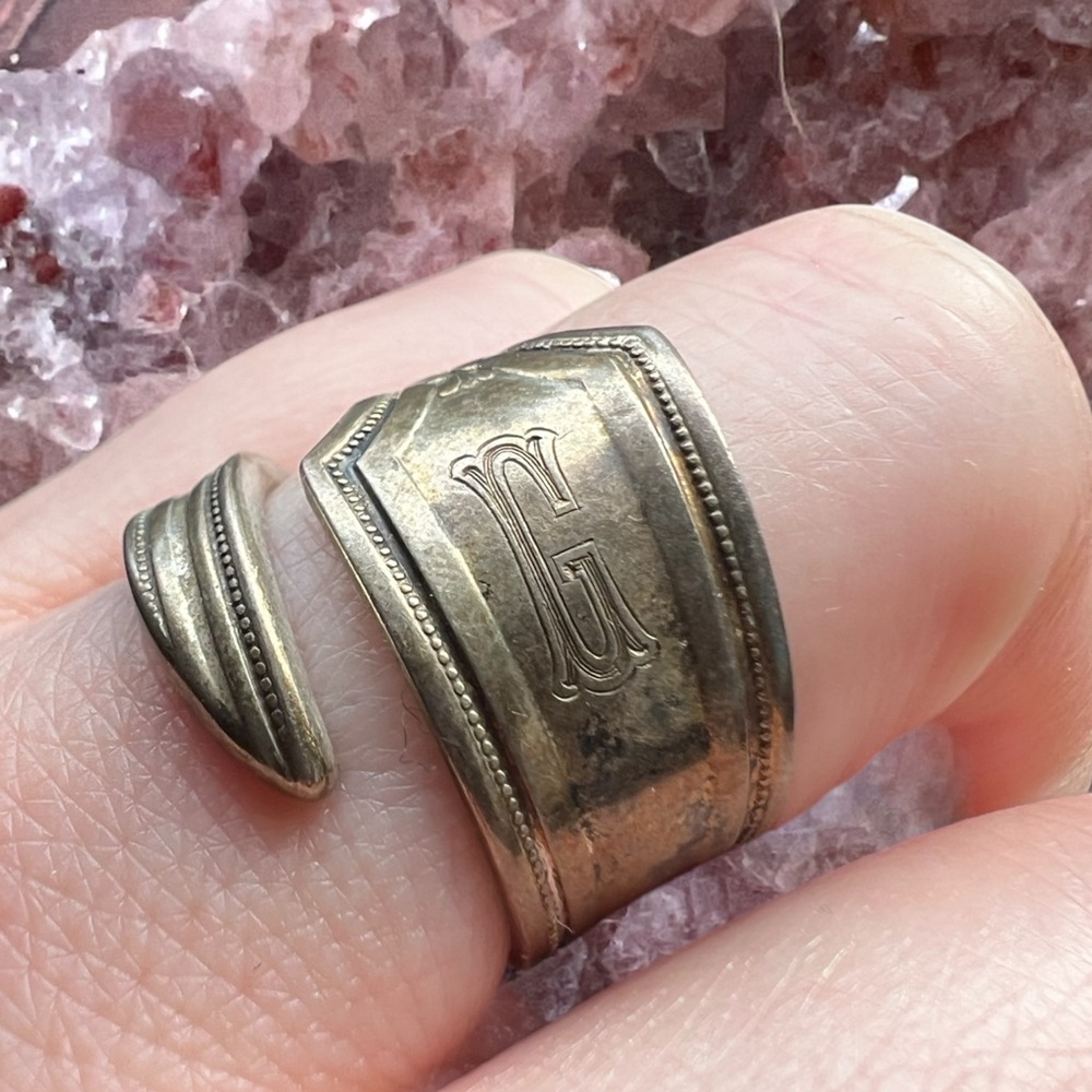 Vintage Engraved Letter G Spoon Ring Silver